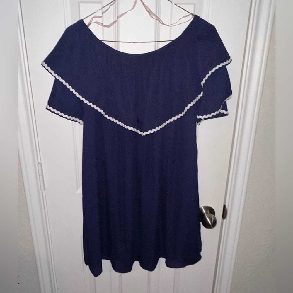 Off the Shoulder Navy Blue Embroidered Dress